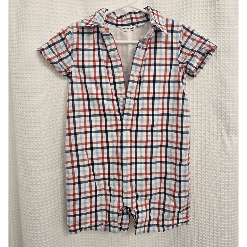 Janie and Jack Baby Boys Red Blue Plaid Short Sleeve Romper 18 - 24  M Preppy